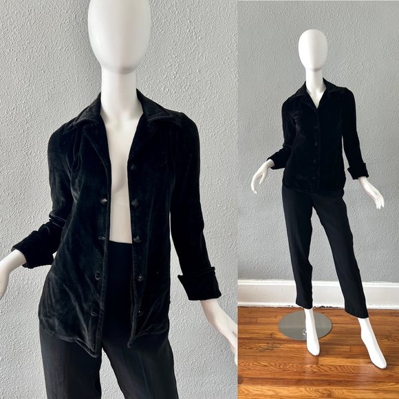 Vintage 70s Black Velvet Mod NEW GIRL Button Disco Blouse Top S - Picture 1 of 13